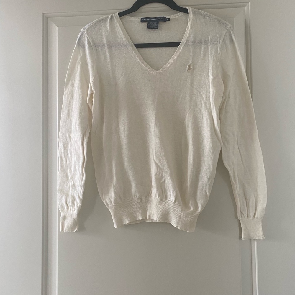 Ralph Lauren Sport Cotton Linen Blend Cream V-Neck Sweater Size Medium EUC